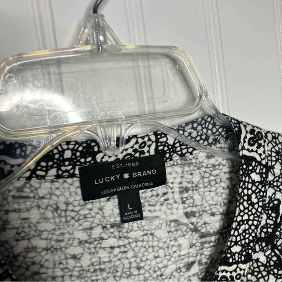 Lucky Brand Top Large Black White Geometric 3/4 Sleeve Boho Fall Casual - Picture 2 of 6
